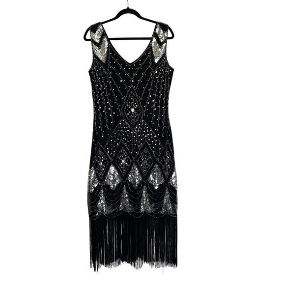 Unique Vintage 1920's Gatsby Flapper Dress Black and Silver Size Large - Picture 3 of 6